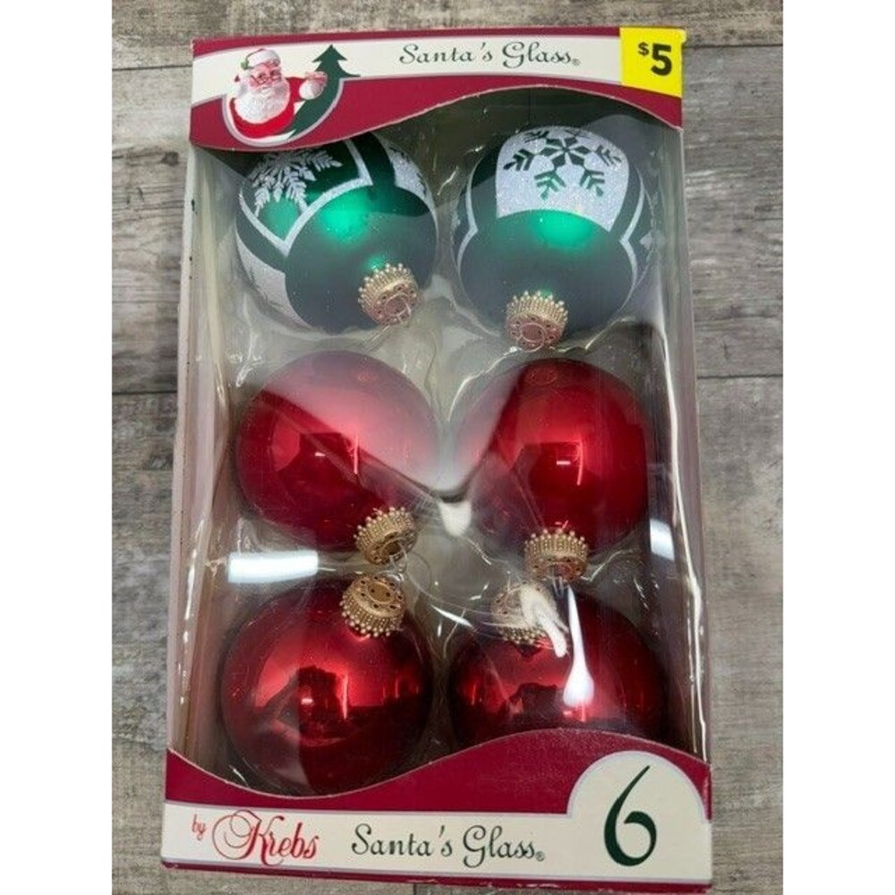 Vintage Krebs Designer Sants's Glass Christmas Ball Ornaments (Box of 6) USA